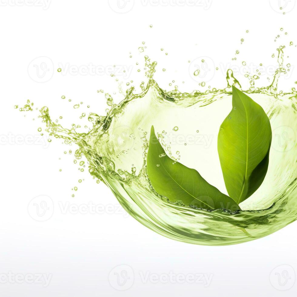 AI generated Green herbal tea wave splash with leaves flow. AI Generated photo