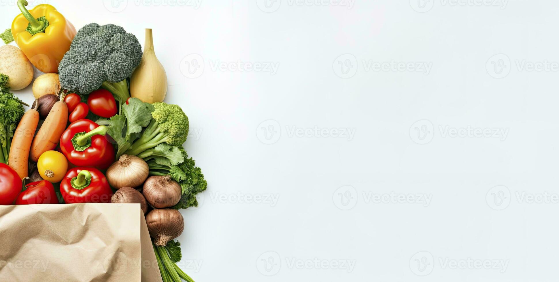 AI generated Healthy food in paper bag vegetables and fruits on white background. AI Generated photo