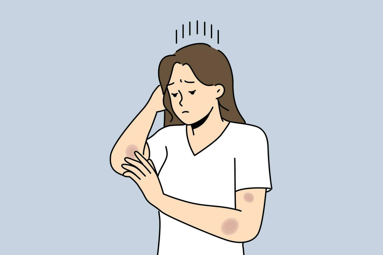 Woman with bruises on arms is sad and looks at abrasions received after fall or accident on road. Depressed girl needs healing ointment for bruises and wounds left due to domestic violence vector