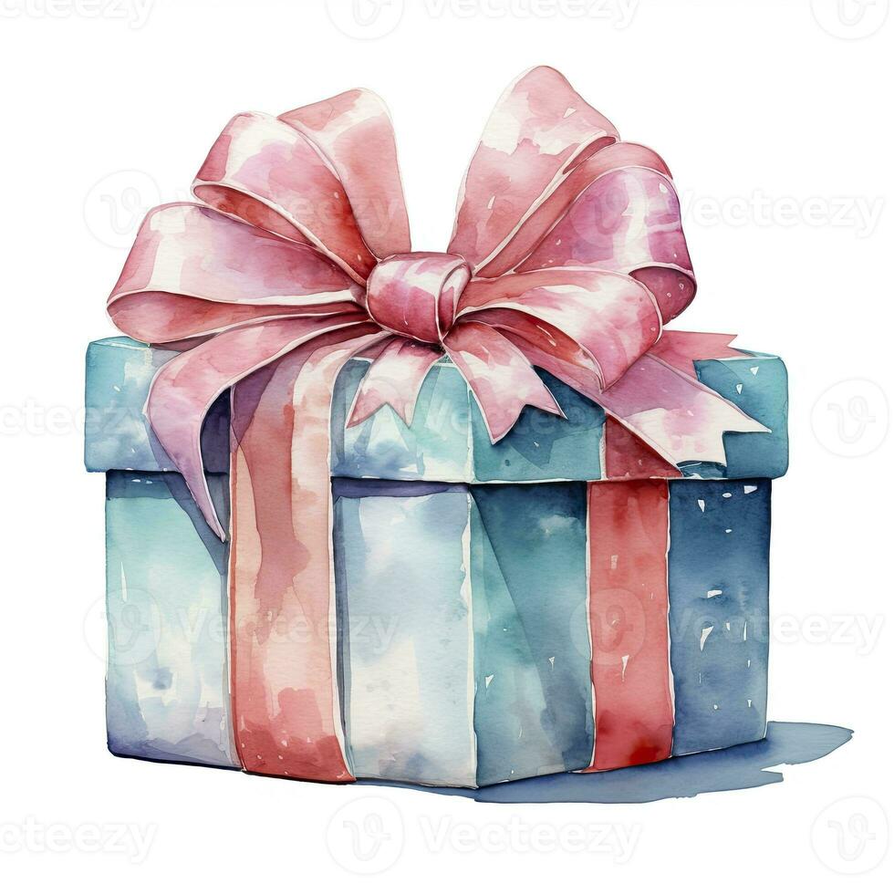 AI generated Watercolor birthday present with bow isolated on white background.  AI Generated photo