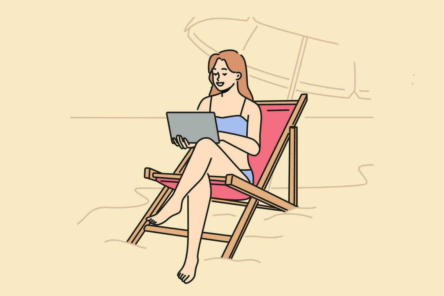 Woman freelancer working on beach, sitting in sun lounger with laptop on lap and enjoying comfort. Girl freelancer resting on sea during summer vacation and holding electronic tablet vector