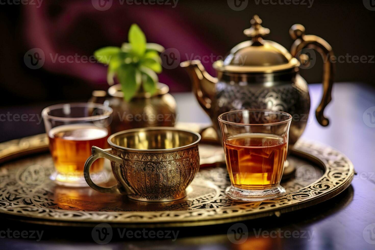 AI generated Traditional Moroccan tea set with decorative teapots, glasses, and mint leaves. Generative AI photo