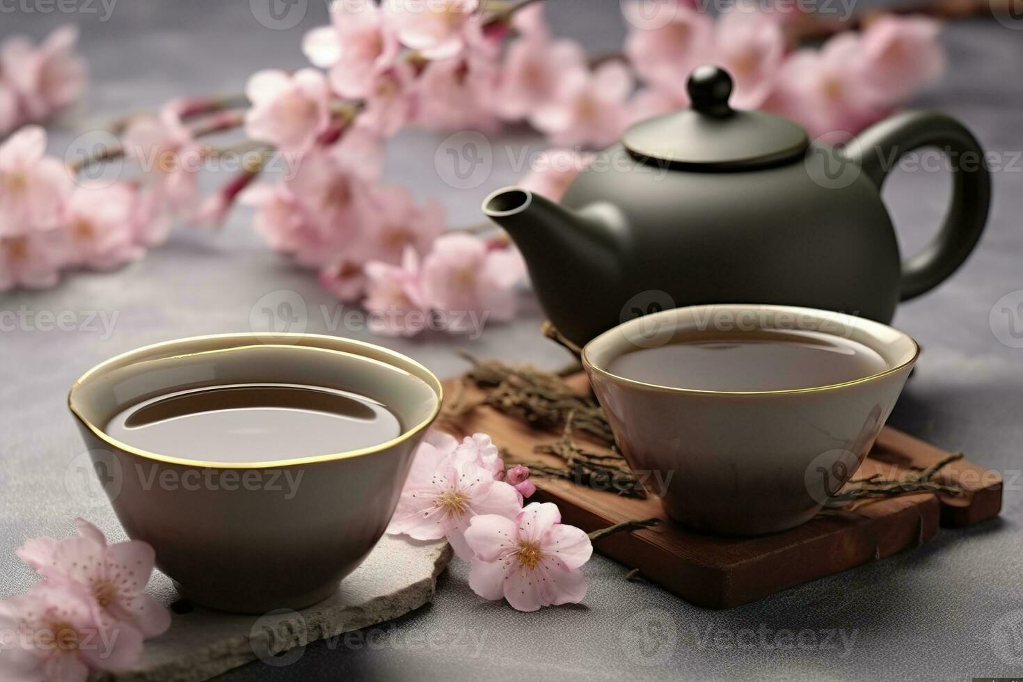 AI generated Traditional ceremony. Cups of brewed tea, teapot and sakura flowers on grey table. Generative AI photo