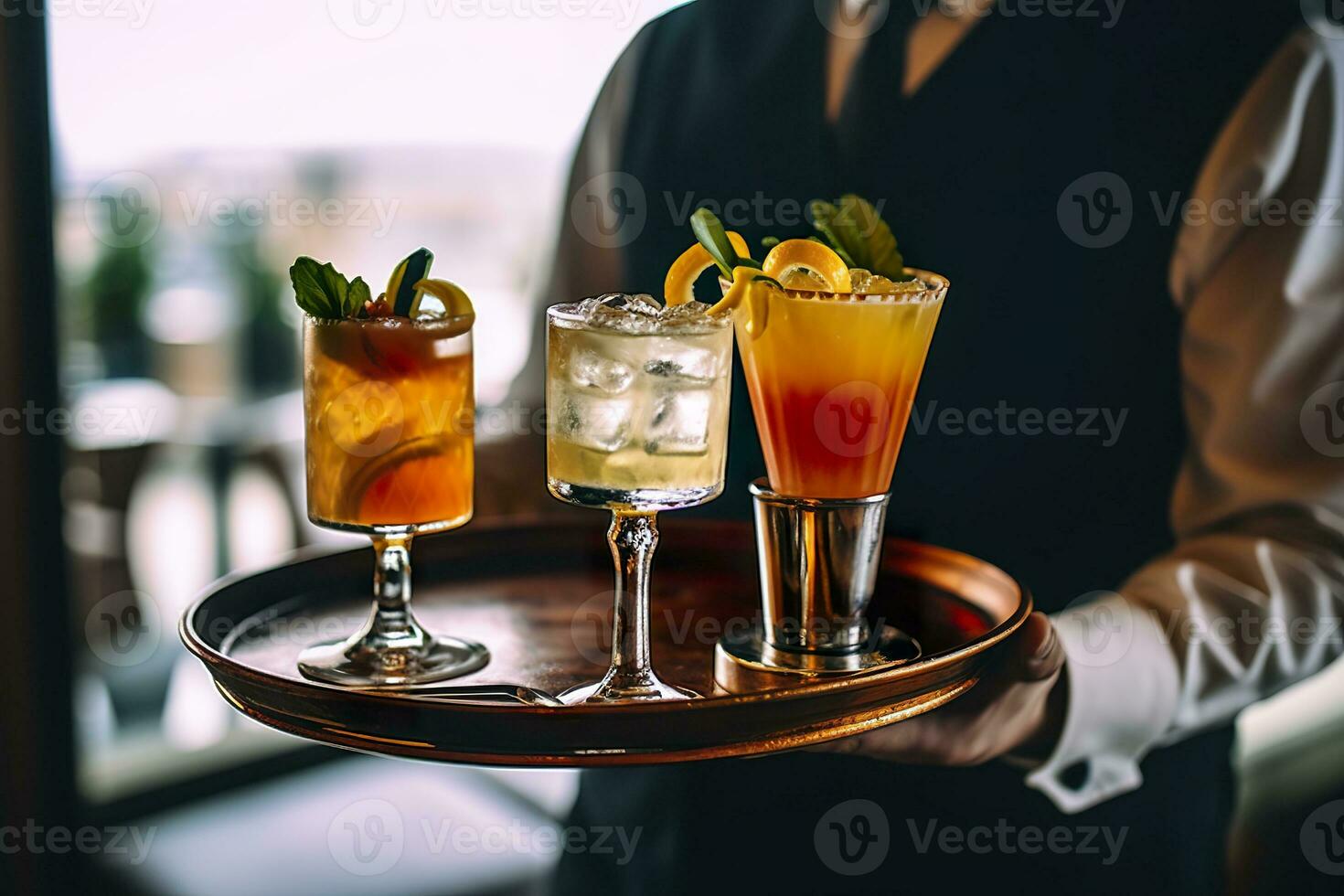 AI generated Glasses alcohol cocktail set on a waiter tray in bar. AI Generated photo