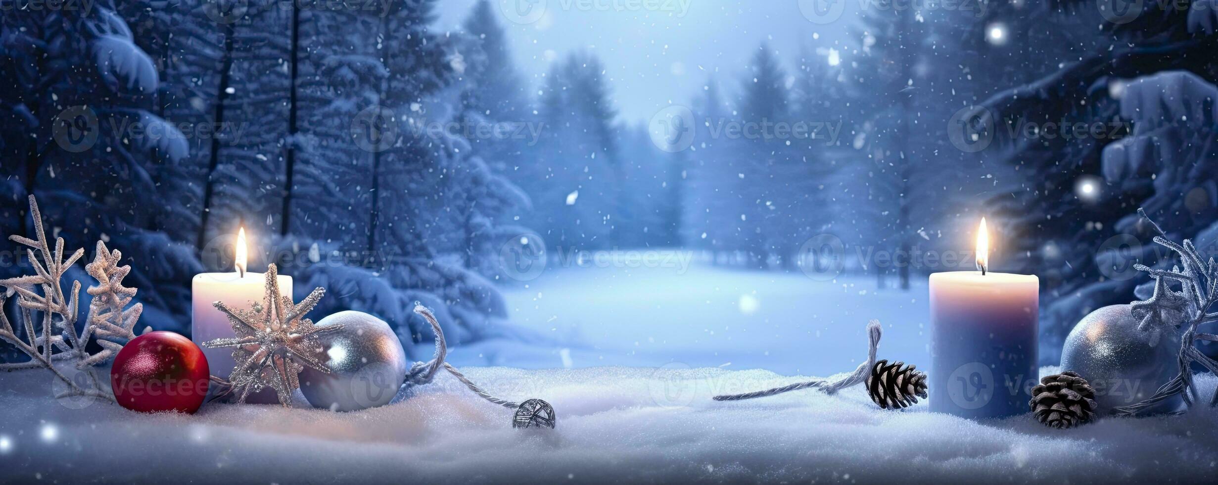 AI generated Winter Forest Landscape With Burning Candles Christmas Decoration. AI Generated photo