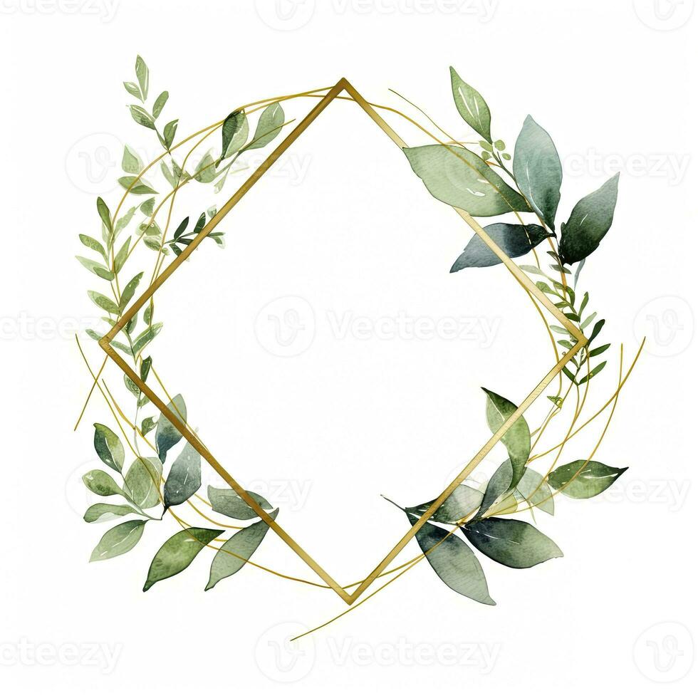 AI generated Watercolor geometry shape wreath with green leaf. AI Generated photo