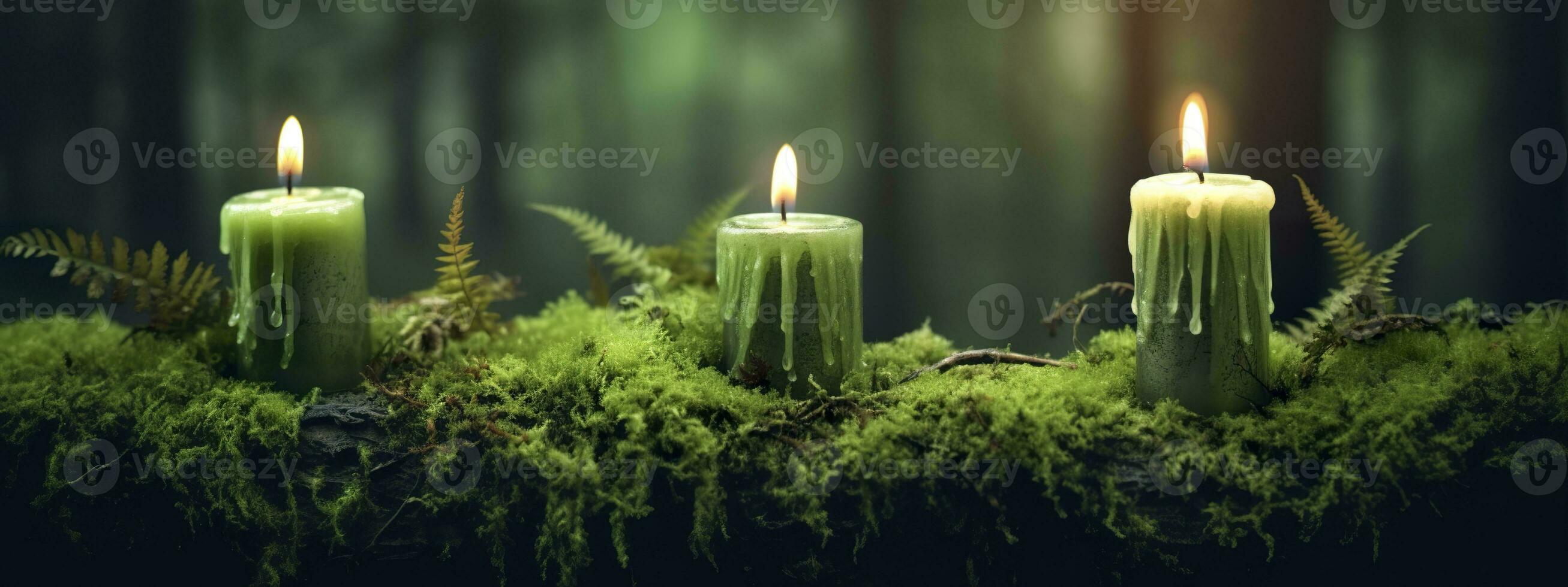 AI generated Burning candles on moss, dark green blurred the natural background. Magic candle. Generative AI photo