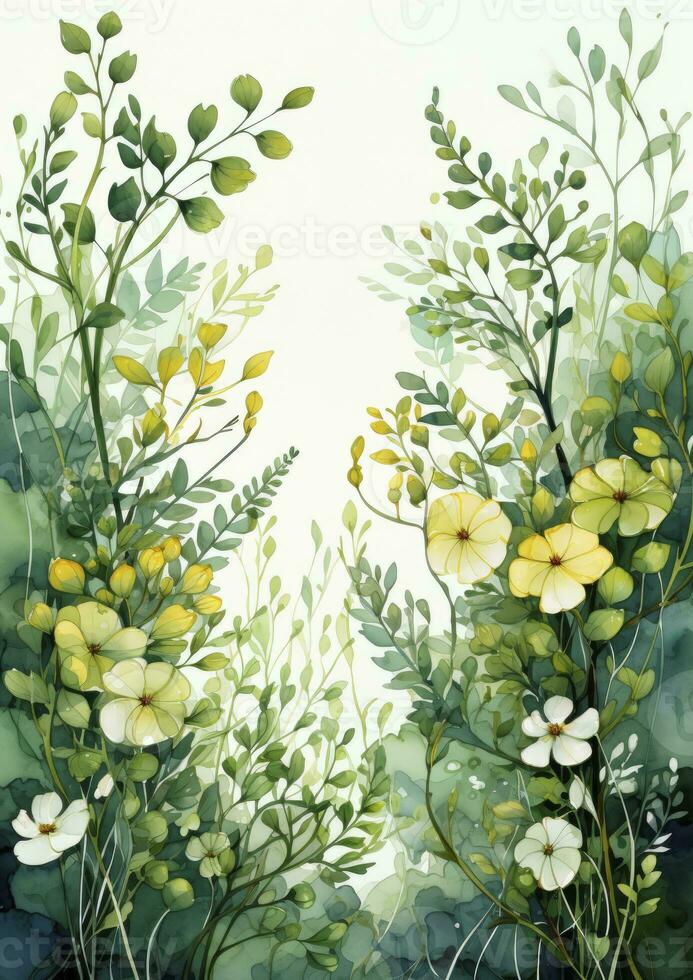 AI generated Floral frame with green leaves on white background. AI Generated photo