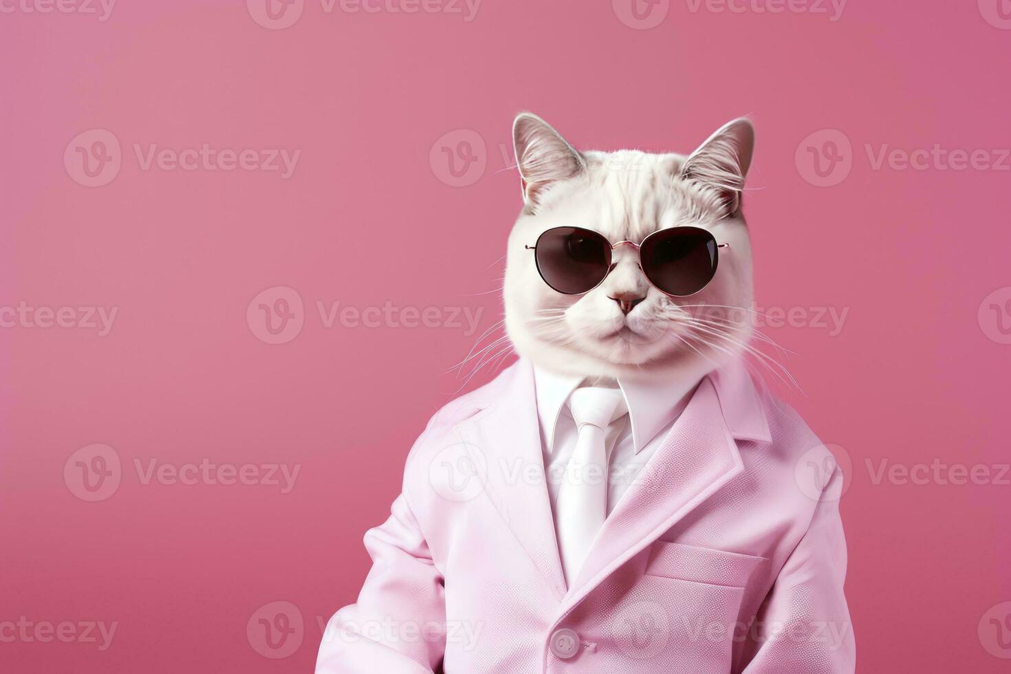 AI generated A cat is wearing sunglasses and suit on Pink Background. AI Generated photo