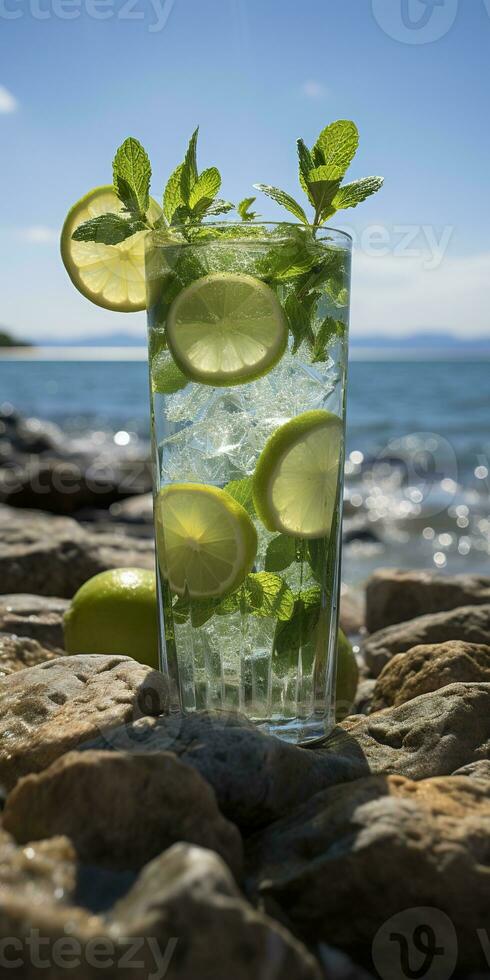 AI generated Stunning photo of cocktail mojito, a sunny summer beach in the background. Generative AI