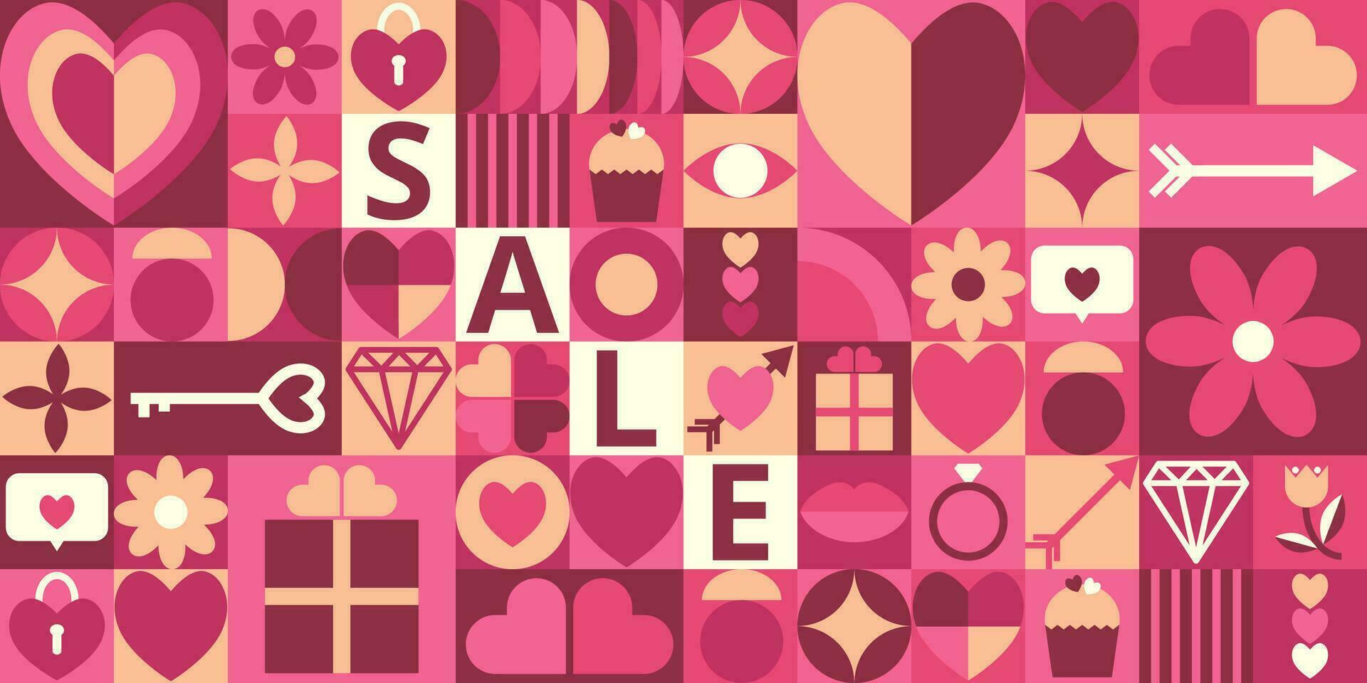 Abstract geometric Valentines day background for advertising. Icons with symbols of love, heart, gift, lips, jewel. Trendy design for banner, background, wallpaper, cover. vector