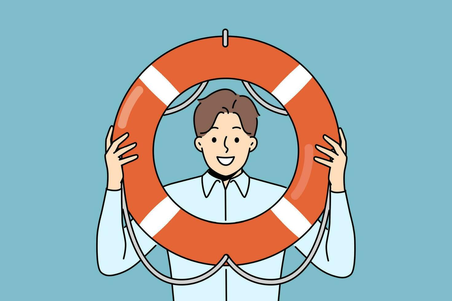 Business man holds lifeline offering help and crisis management services to companies in bankruptcy. Guy manager of big business takes care of safety and wants to save colleagues who are in trouble vector