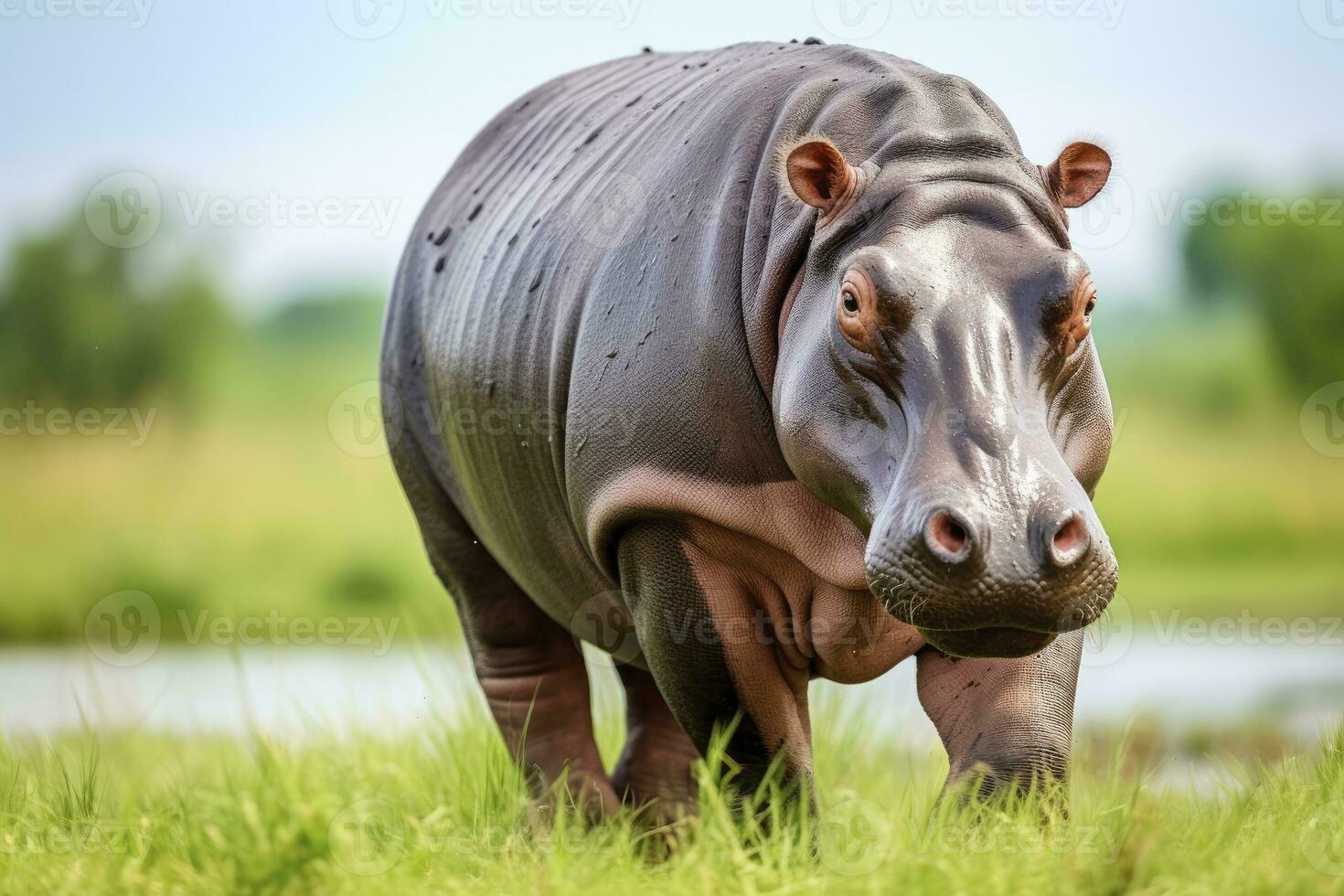 AI generated Hippopotamus Walking in a green field. AI Generated photo