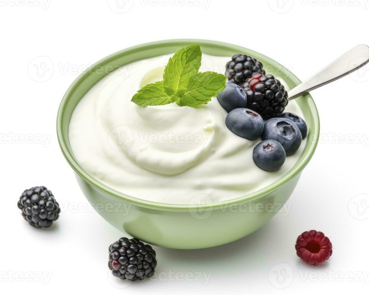 AI generated Green bowl of greek yogurt and fresh berries isolated on white background. AI Generated photo