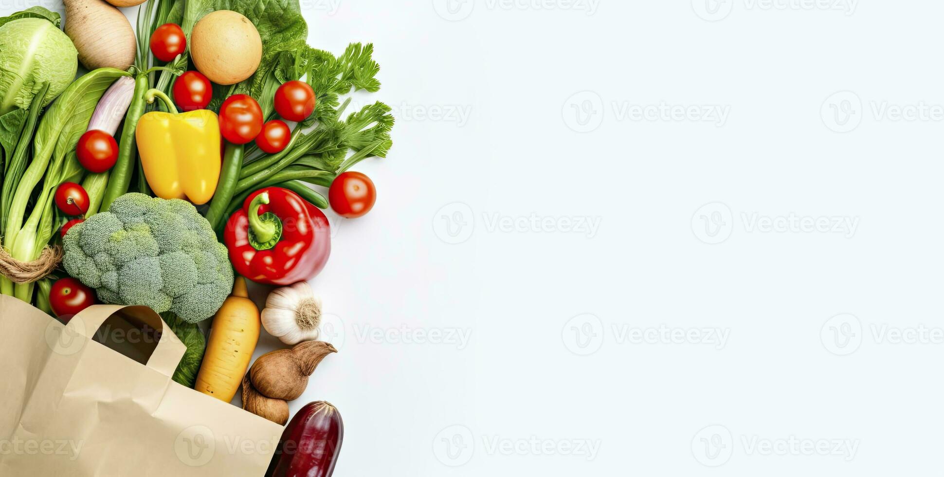 AI generated Healthy food in paper bag vegetables and fruits on white background. AI Generated photo