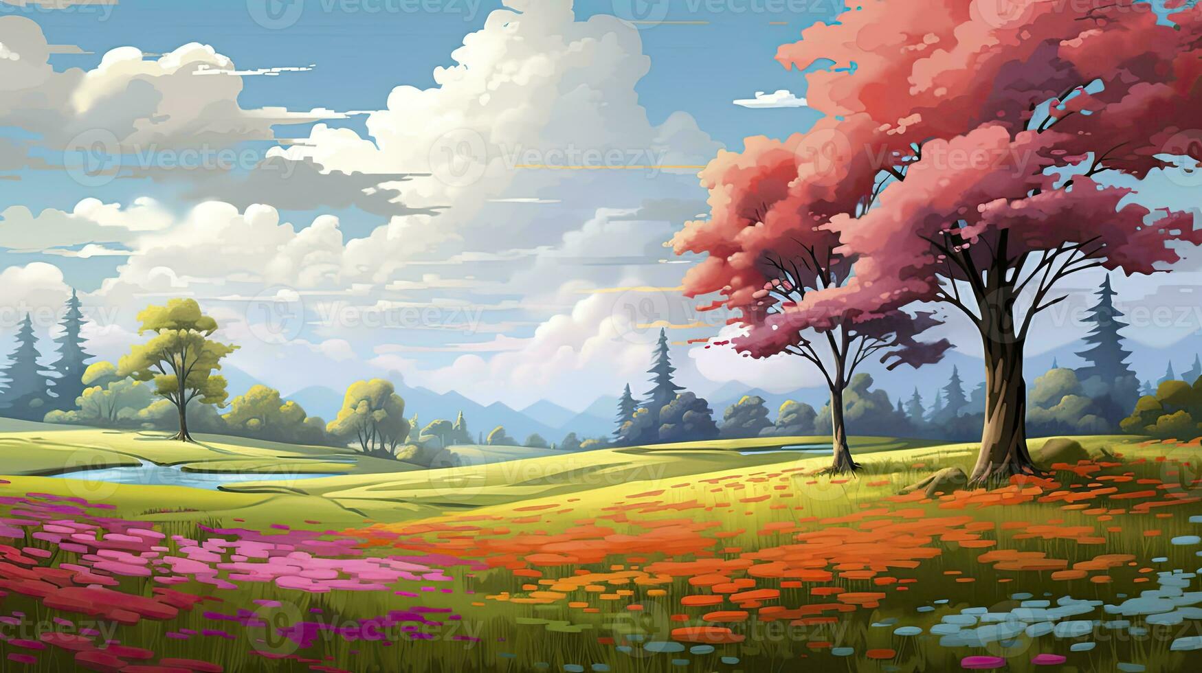 AI generated Spring season with colorful flowers and trees in a pretty meadow or field. AI Generated. photo