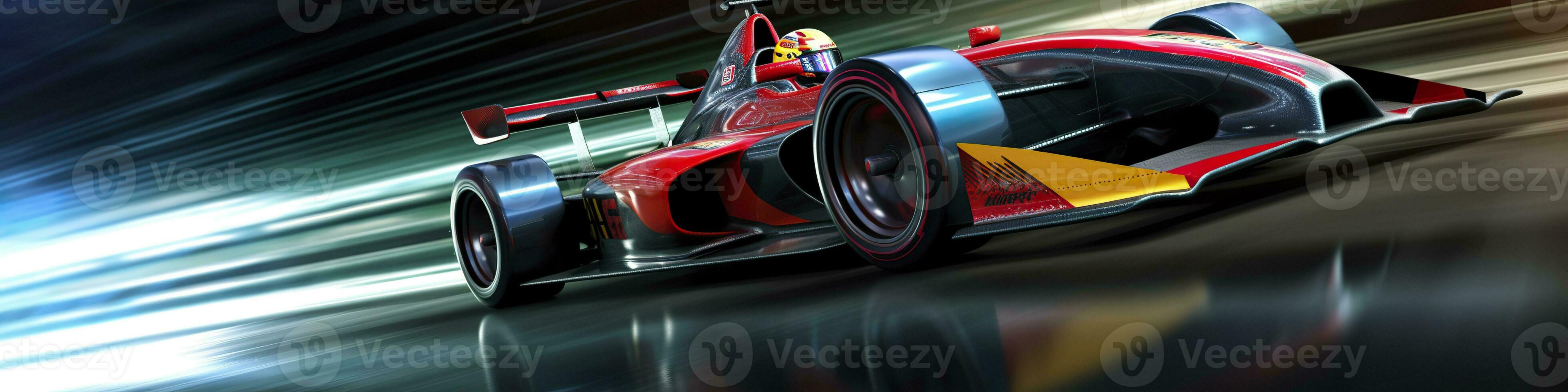 AI generated Racing car at high speed. Racer on a racing car passes the track. Motor sports competitive team racing. Motion blur background. Generative AI photo