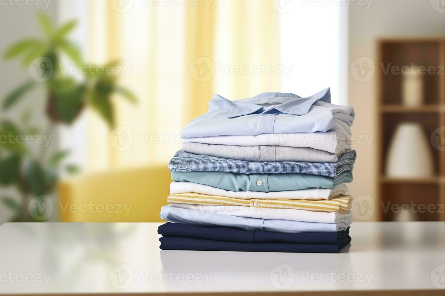 AI generated Stack of clean clothes on table in room. Generative AI photo