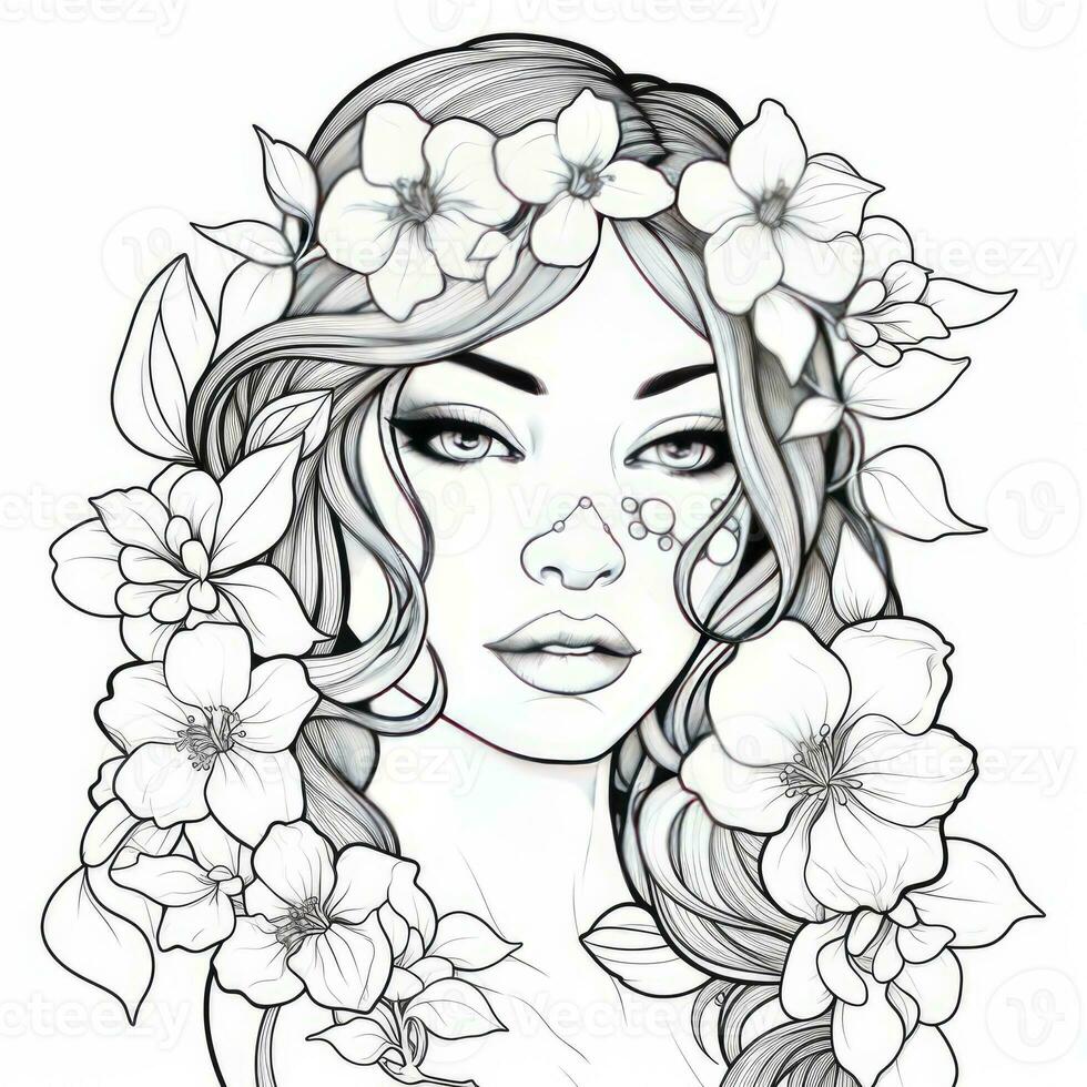 AI generated A girl on a coloring book page with Jasmine flowers. AI Generated photo