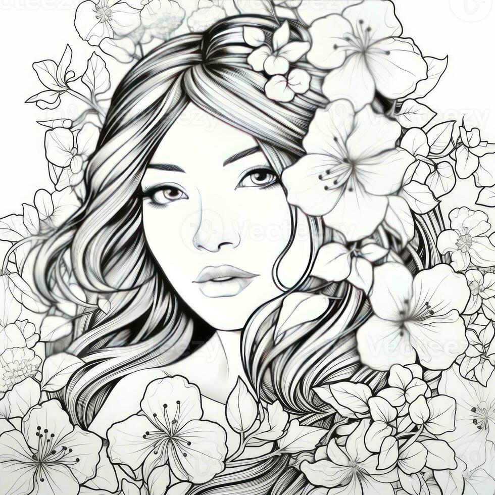 AI generated A girl on a coloring book page with Jasmine flowers. AI Generated photo