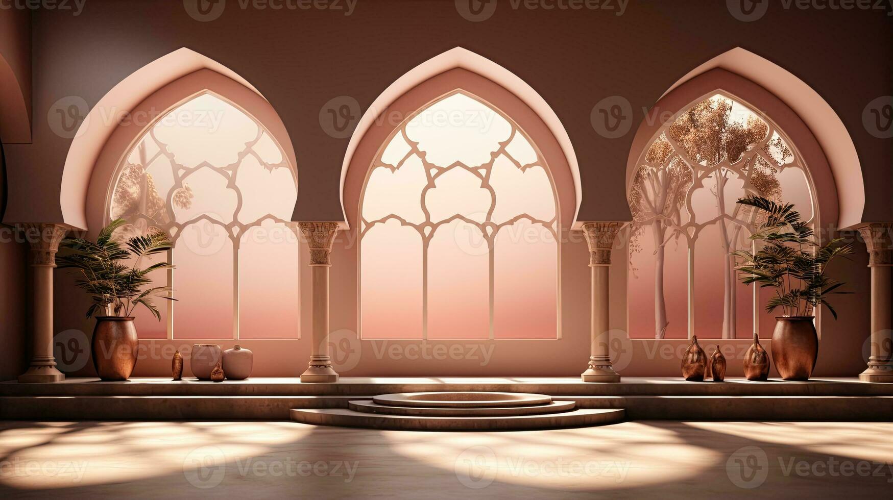 background for the Islamic holiday of Ramadan in a minimalist style, with a podium, with sunlight, in light beige delicate shades and elements of nature. ai generated photo
