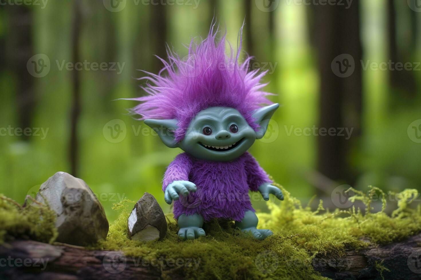 AI generated Tale troll with crystals in the forest, natural green background. Generative AI photo