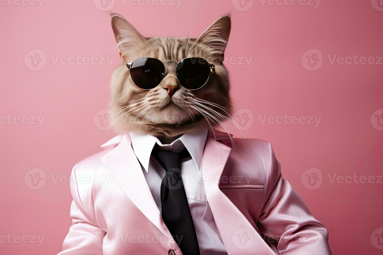 ai generado un gato es vistiendo Gafas de sol y traje en rosado antecedentes. ai generado foto