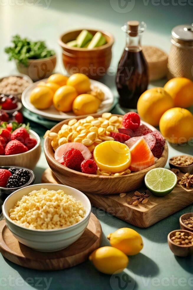 AI generated A beautifully set table with a variety of delicious food and fresh fruit photo
