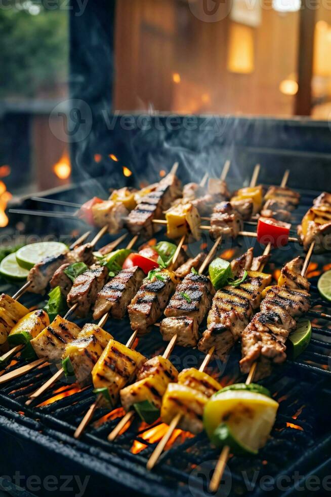 AI generated Grilled skewers of food cooking on a barbeque grill photo