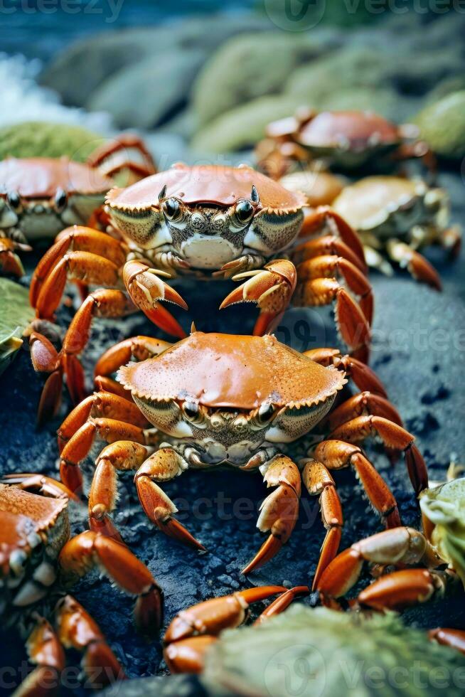 AI generated Crabs resting on a rocky surface photo