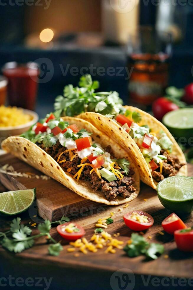 AI generated Three delicious tacos with fresh ingredients on a rustic cutting board photo