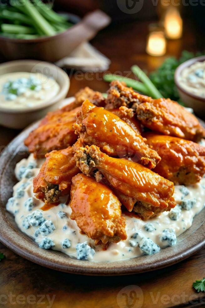 AI generated Delicious chicken wings with creamy ranch dressing photo