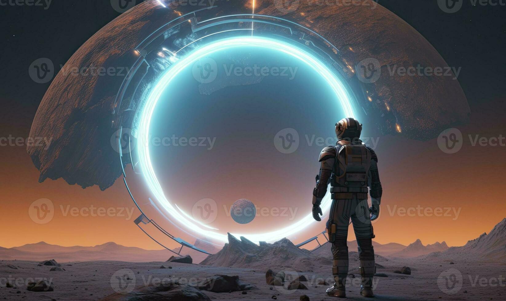 AI generated Astronaut in front of dimensional portal.  AI Generated. photo