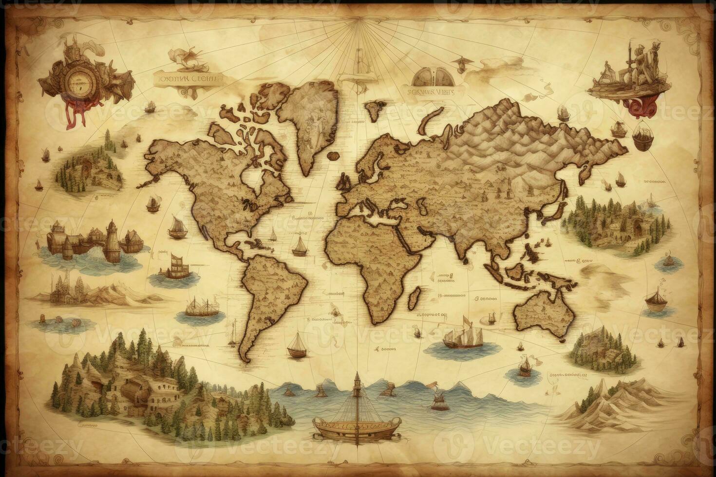 AI generated Great detailed illustration of the world map in vintage style. AI Generated photo