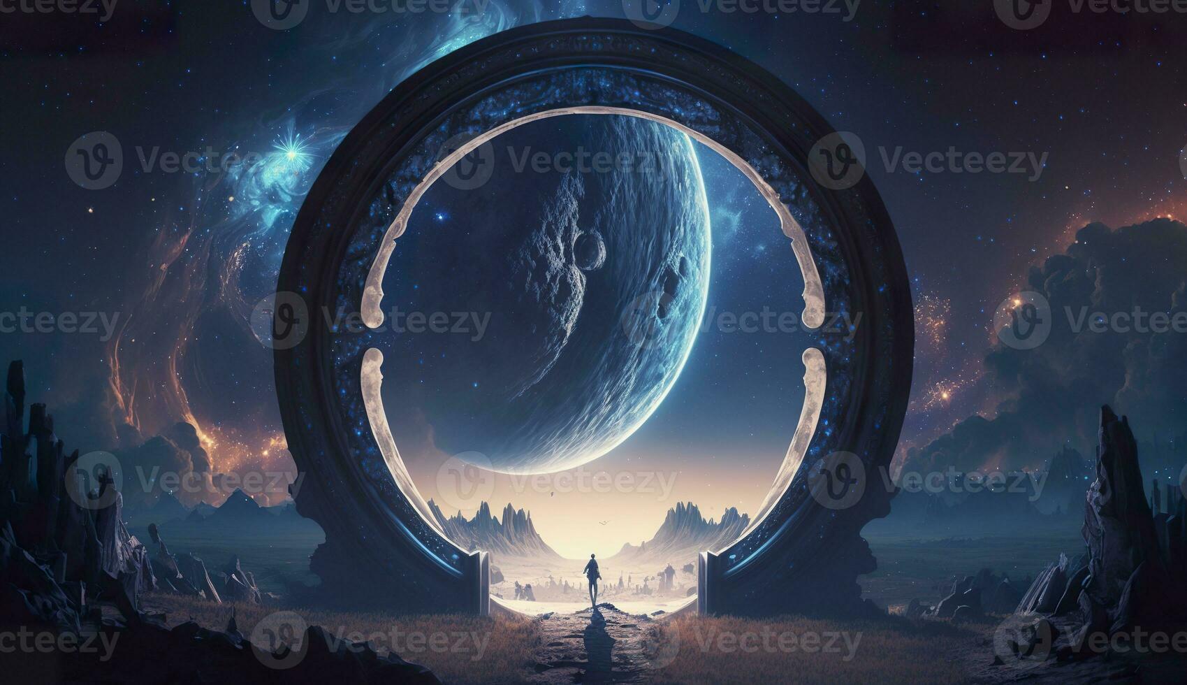 AI generated Portal to another world. Futuristic cosmic landscape with circle tunnel in starry sky. Generative AI photo