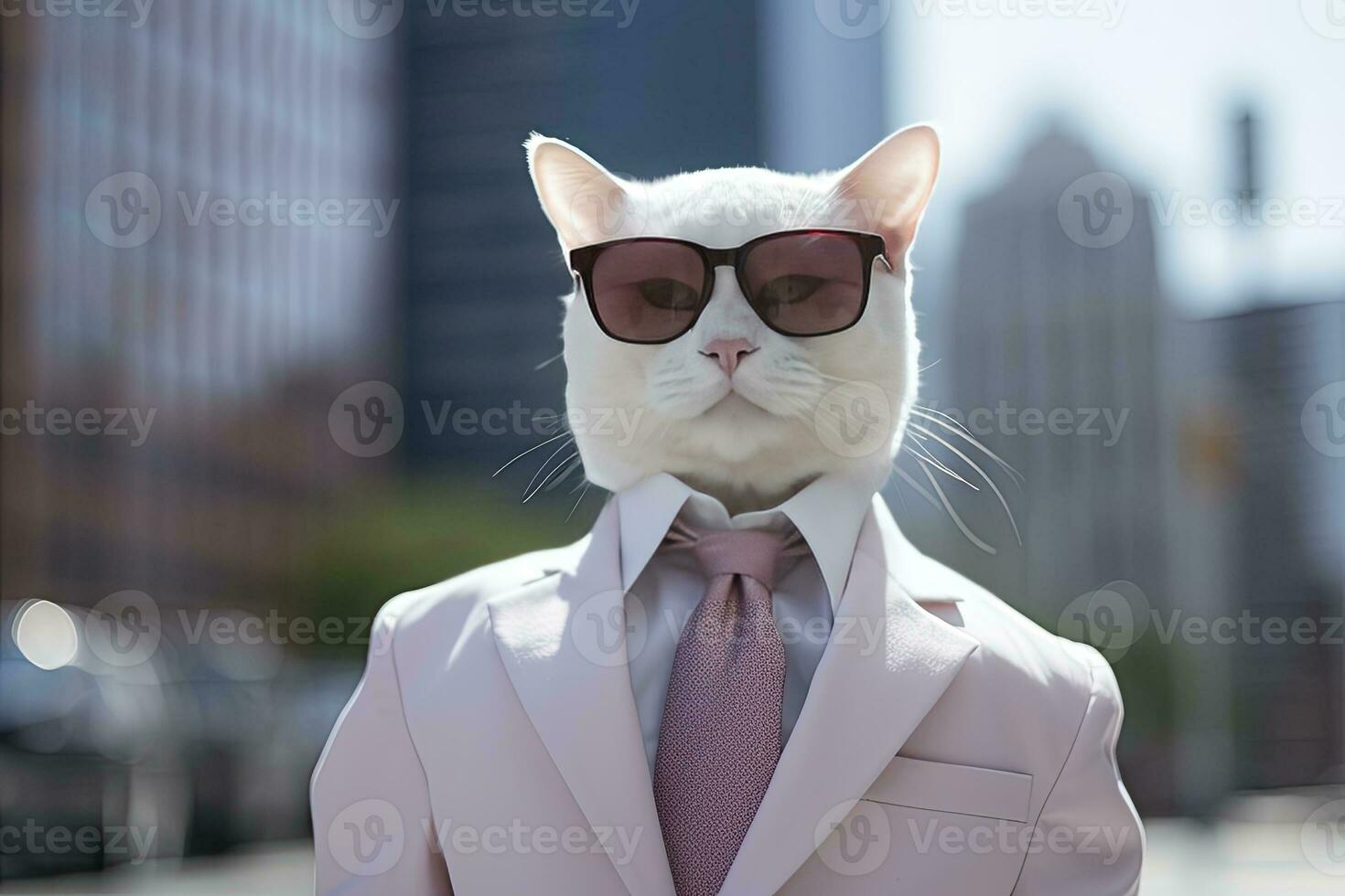 AI generated A cat is wearing sunglasses, suit and standing on street. AI Generated photo