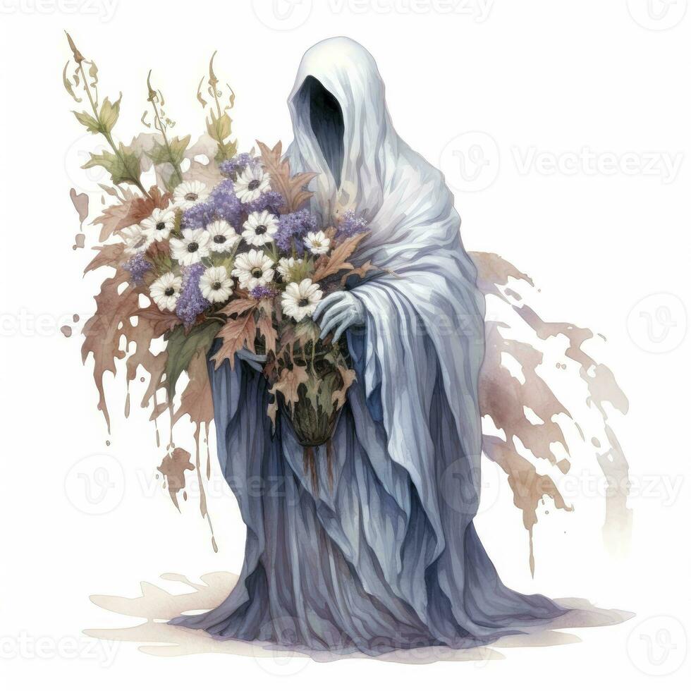 AI generated A stunning ghost holding flower bouquet and enjoying the festivities of Halloween,  AI Generated photo