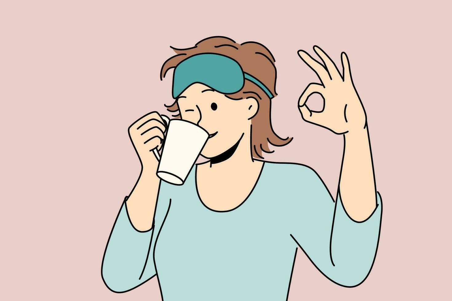 Woman drinks morning coffee after waking up and shows ok gesture standing in sleep mask and pajamas. Girl winks enjoying hot coffee or tea drink to cheer up and get ready for work day vector