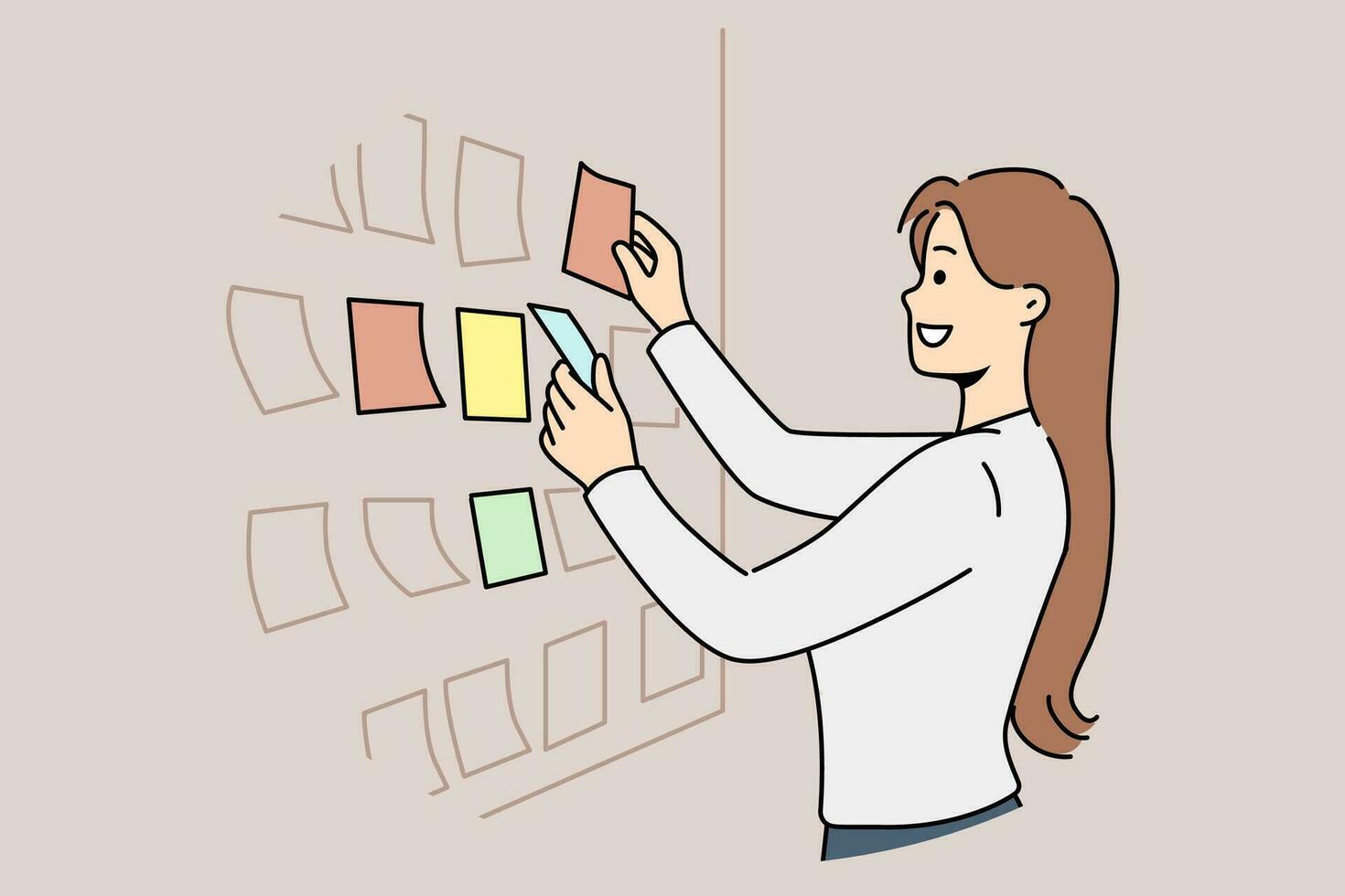 Business woman stands near scrum board with stickers and is engaged in kanban task planning. Girl manager or team leader of it company smiling while preparing new scrum sprint for programmers vector