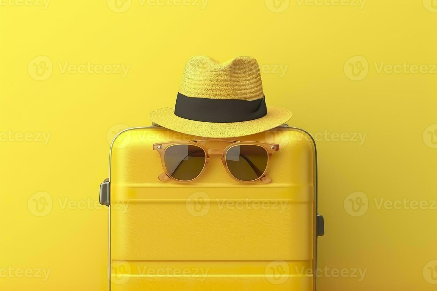 ai generado amarillo maleta con Dom lentes y sombrero en amarillo antecedentes. viaje concepto. generativo ai foto