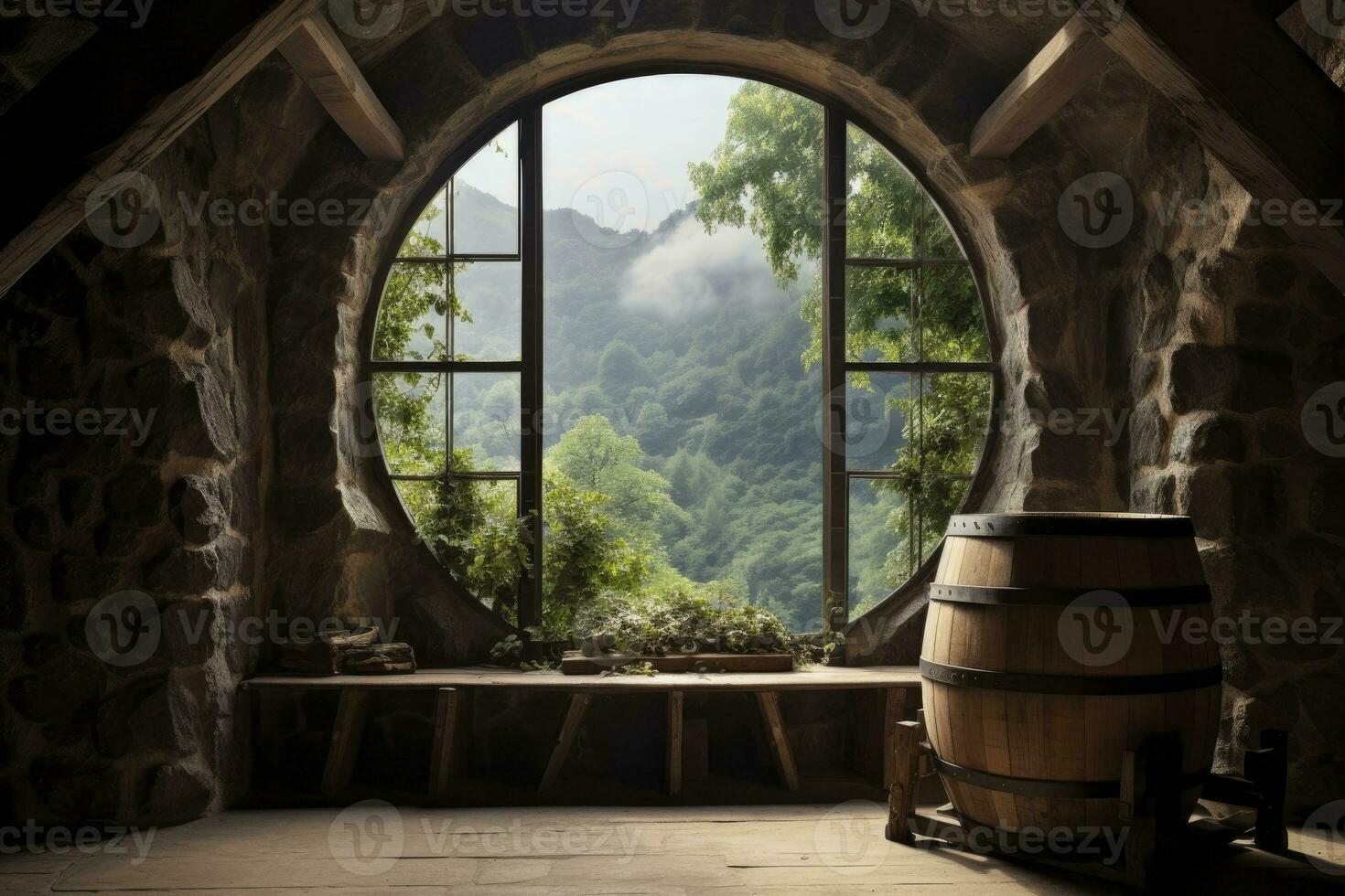 AI generated Barrel in an ancient castle beside the window. AI Generated photo