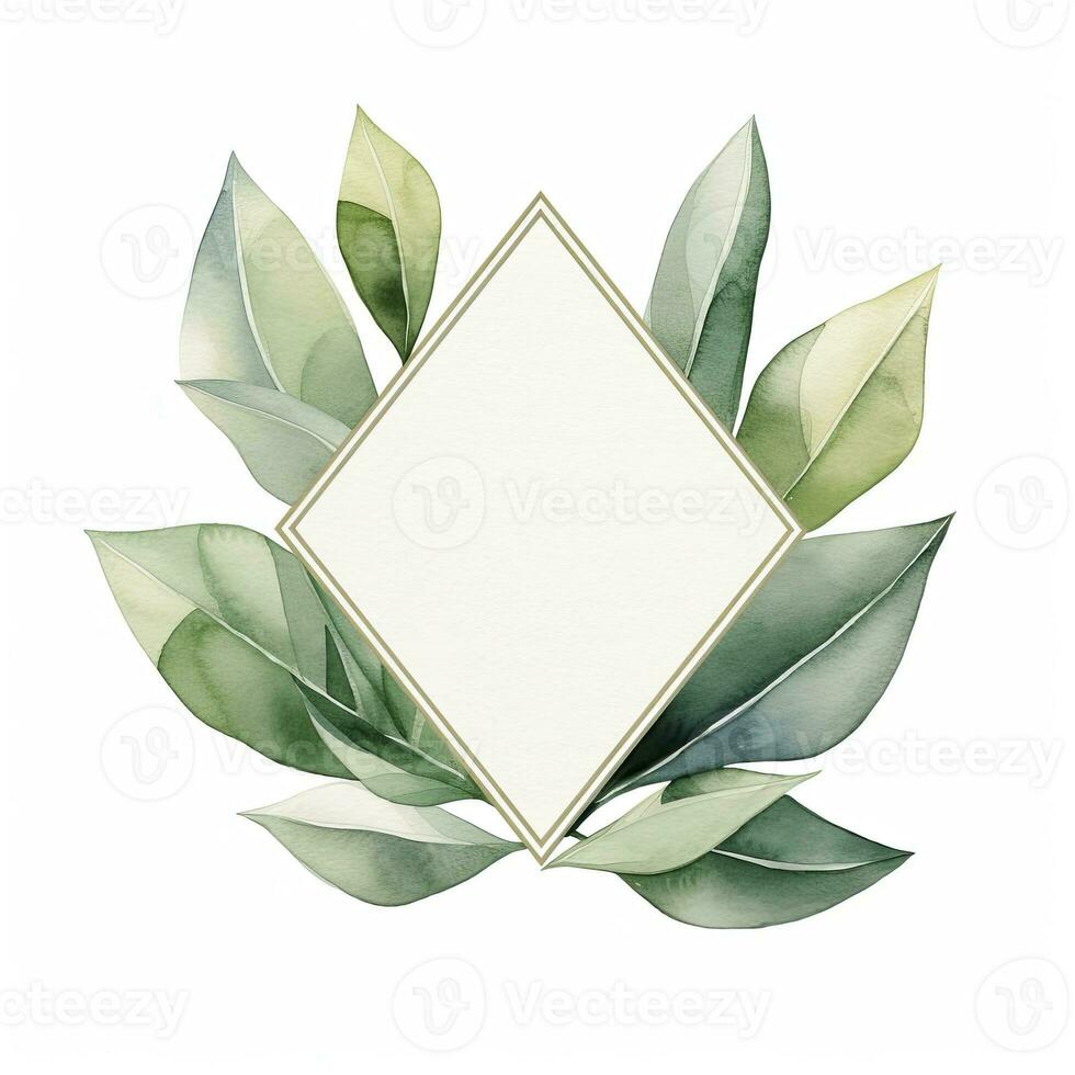 AI generated Watercolor geometry shape wreath with green leaf. AI Generated photo