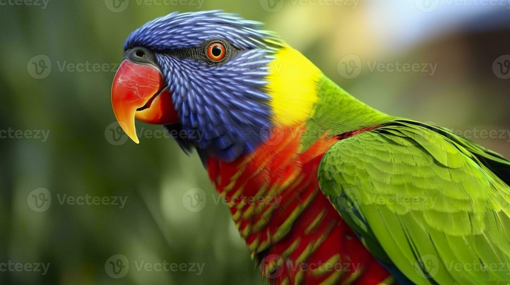 AI generated Side view Closeup of beautiful and colorful Lorikeet Green naped bird. Generative AI photo