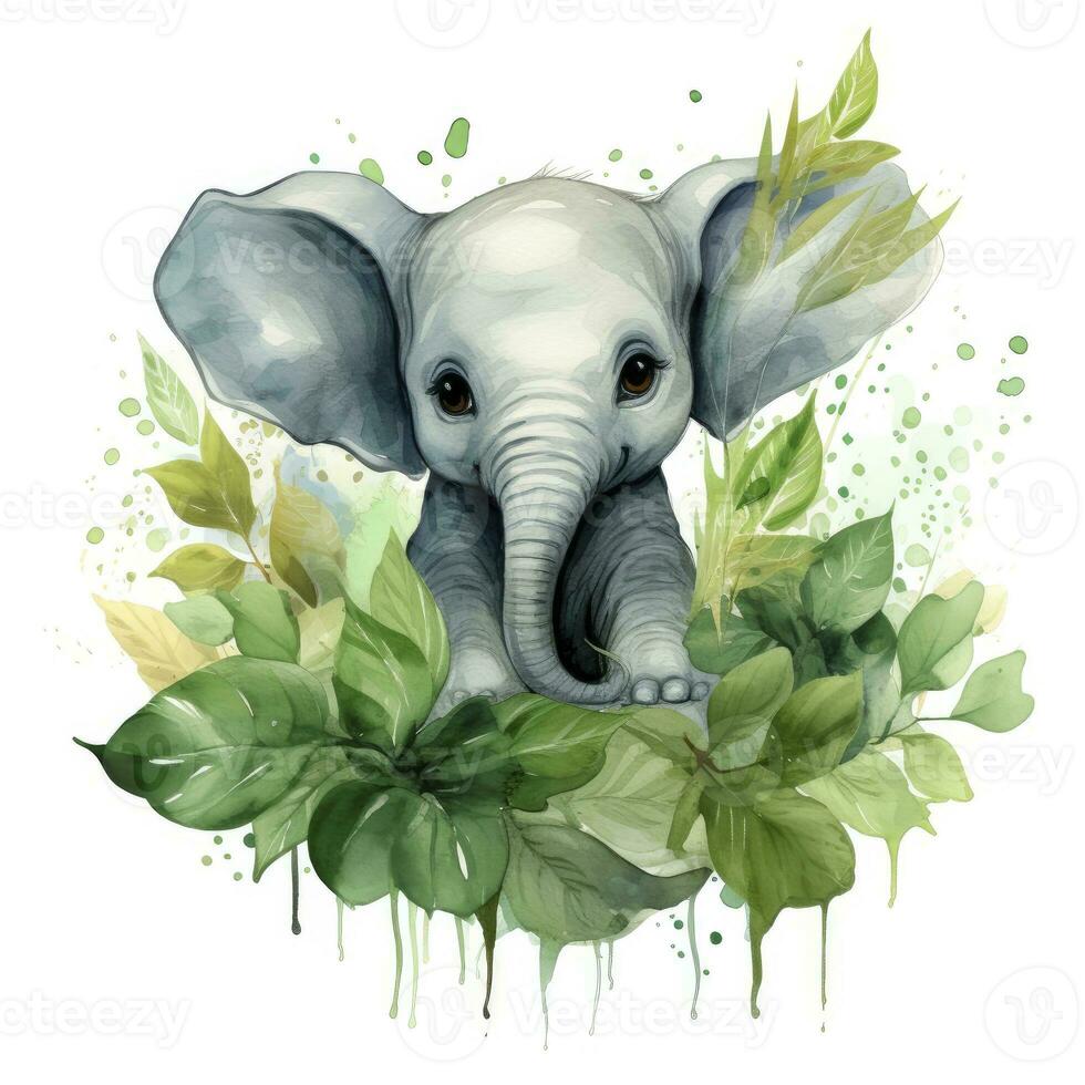 AI generated Happy cute baby elephant in green leaves in the watercolor style. AI Generated photo