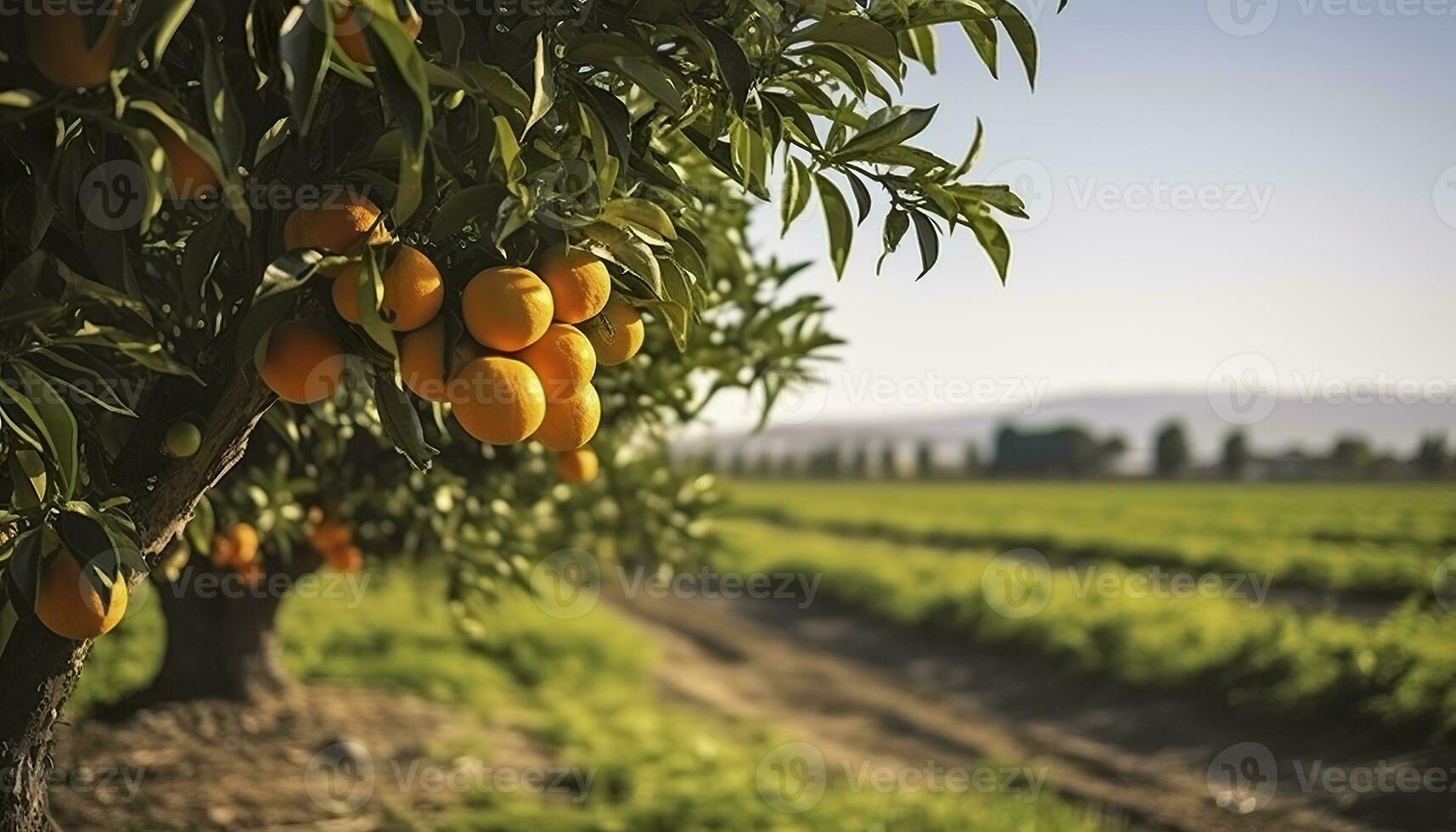 AI generated An orange tree is in the foreground with a farm field background. Generative AI photo