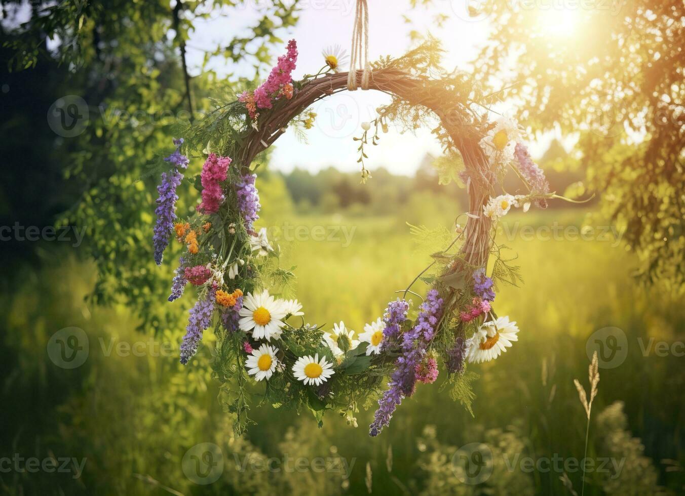 AI generated Rustic wildflowers wreath on a sunny meadow. Summer Solstice Day, Midsummer concept. Generative AI photo