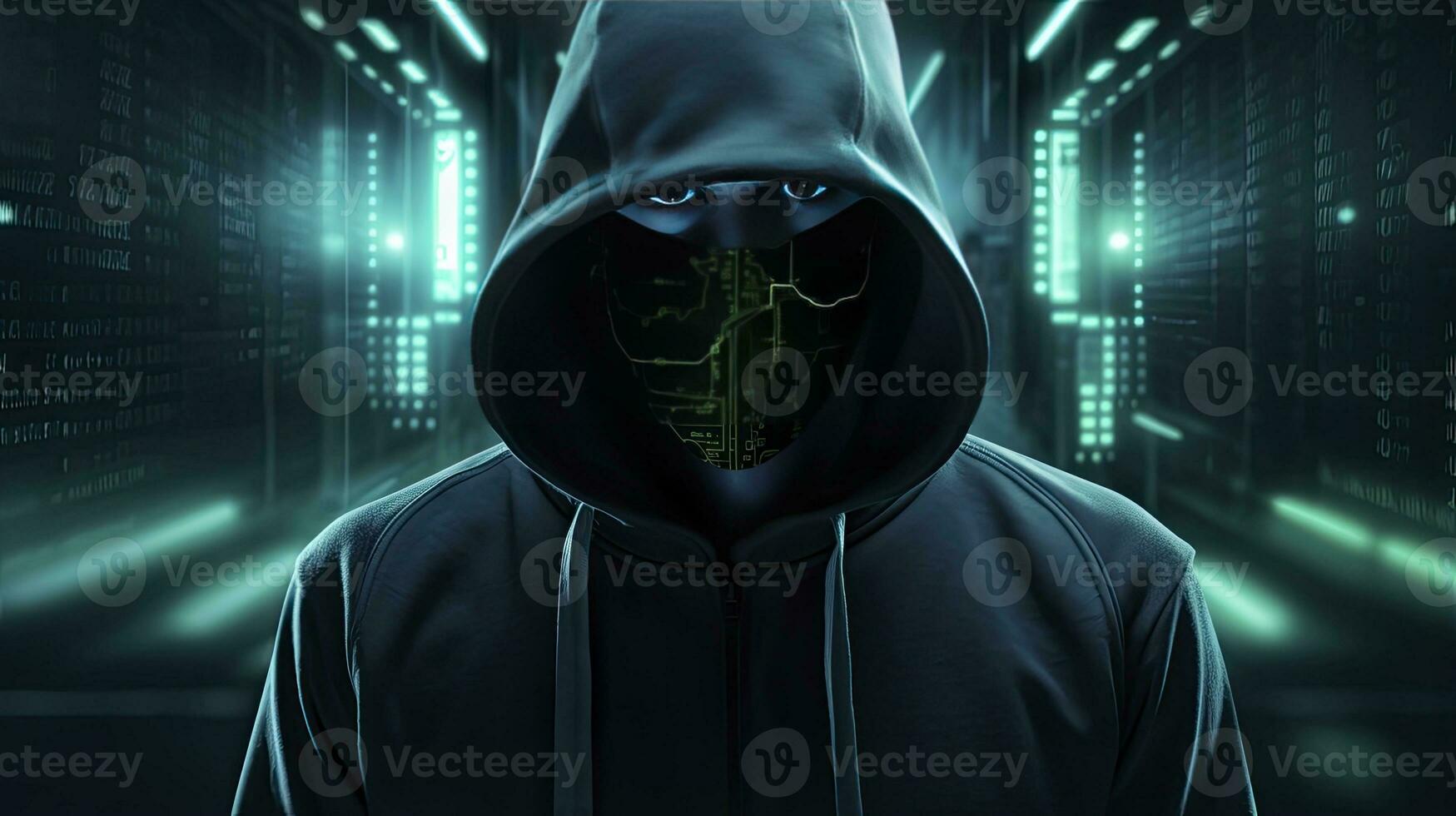 AI generated Binary Intrigue. Anonymous robotic hacker. Concept of hacking. AI Generated photo