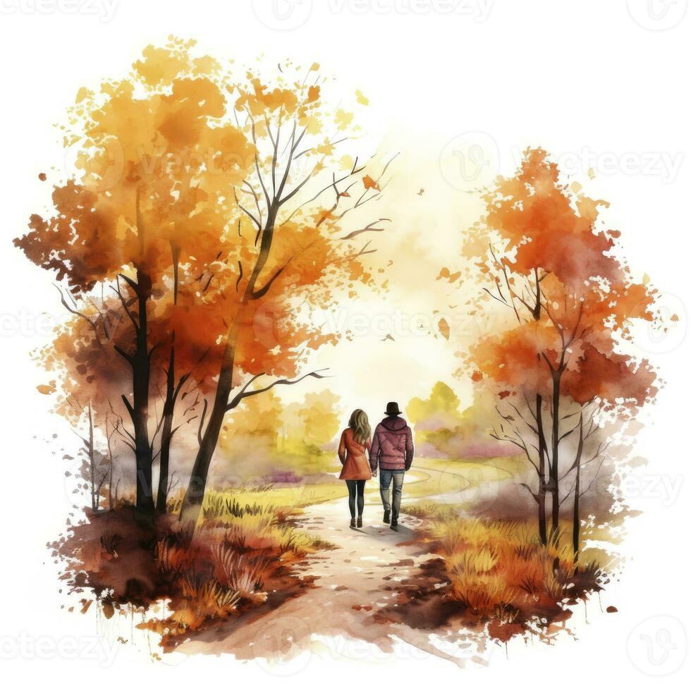 AI generated Watercolor autumn landscape with a couple walking. AI Generated photo