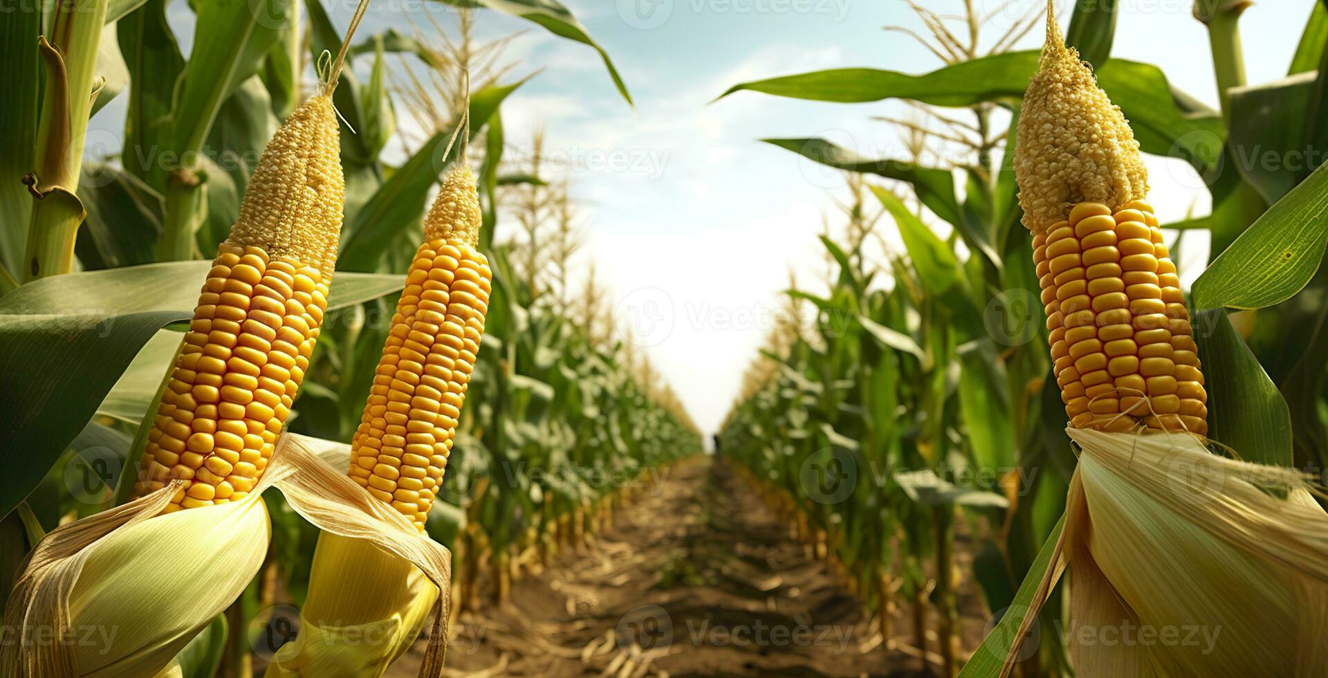 ai generado de cerca maíz mazorcas en maíz plantación campo. generativo ai foto