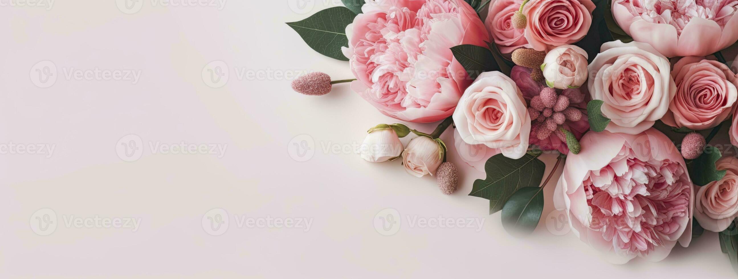 AI generated Fresh bunch of pink peonies and roses with copy space. AI Generated photo